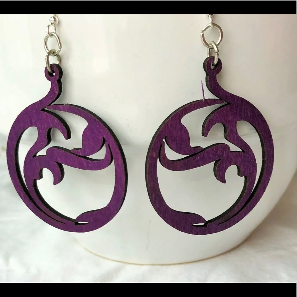 Green Tree Earrings Circle Art Purple Wood Lightweight